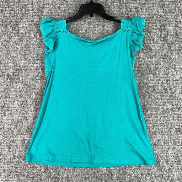 LOFT Shirt Womens M Blue Cutout Ruffle Flutter Sleeves Square Neck Wonderlust - Picture 2 of 8